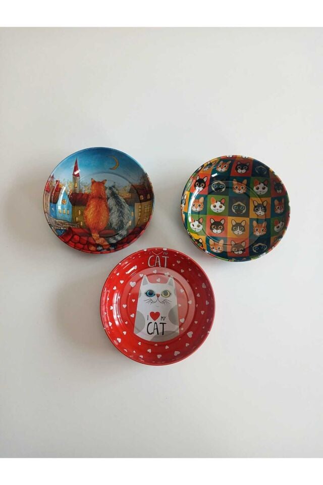 Üçlü set Temalı Manzaralı Metal Kedi Mama Kabı ve Su Kabı