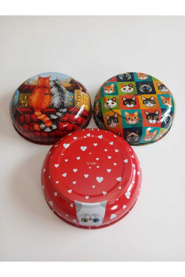 Üçlü set Temalı Manzaralı Metal Kedi Mama Kabı ve Su Kabı