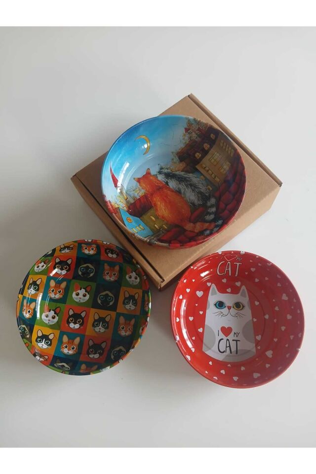 Üçlü set Temalı Manzaralı Metal Kedi Mama Kabı ve Su Kabı