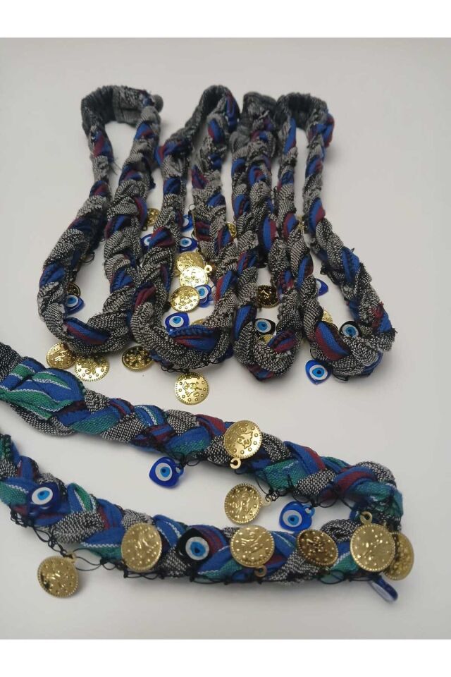 5 Adet Karadeniz Keşan Desenli Örgülü,liralı, Lastikli, Boncuklu, Bordomavi Bandana Seti