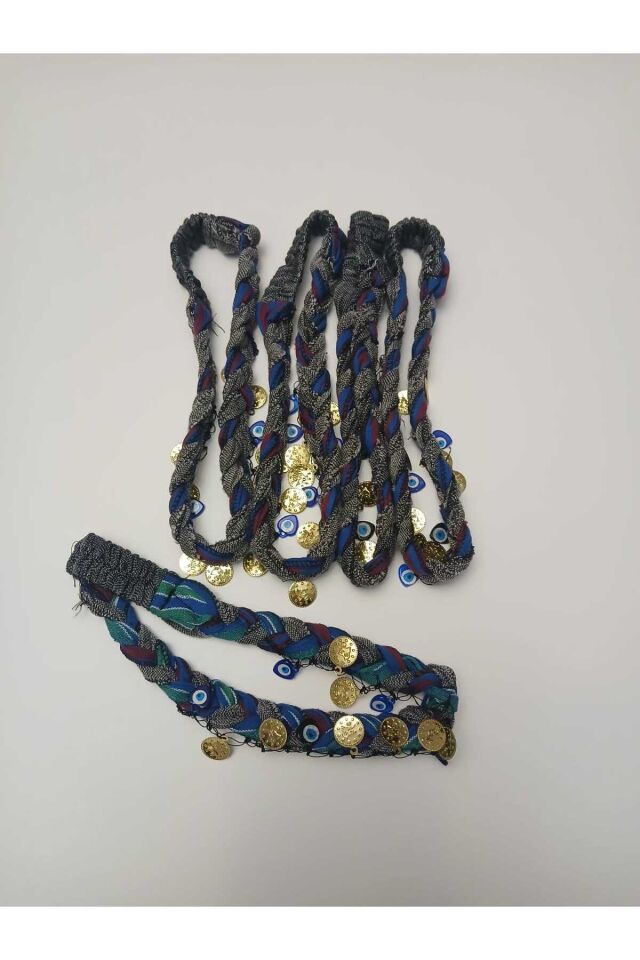 5 Adet Karadeniz Keşan Desenli Örgülü,liralı, Lastikli, Boncuklu, Bordomavi Bandana Seti