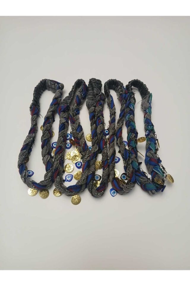 5 Adet Karadeniz Keşan Desenli Örgülü,liralı, Lastikli, Boncuklu, Bordomavi Bandana Seti