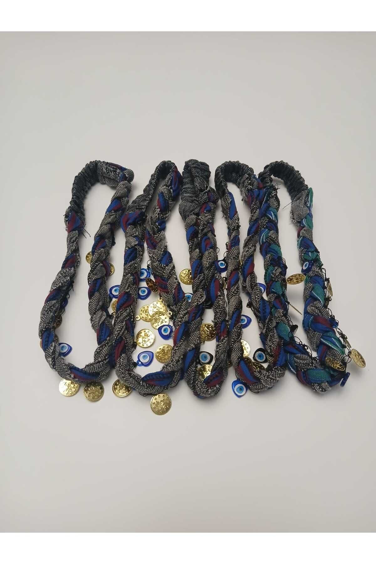 5 Adet Karadeniz Keşan Desenli Örgülü,liralı, Lastikli, Boncuklu, Bordomavi Bandana Seti