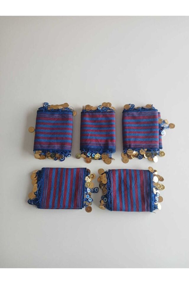 5'li Bordo Mavi Hediyelik Yöresel Keşan Dokuma Liralı Saç Bandana Seti