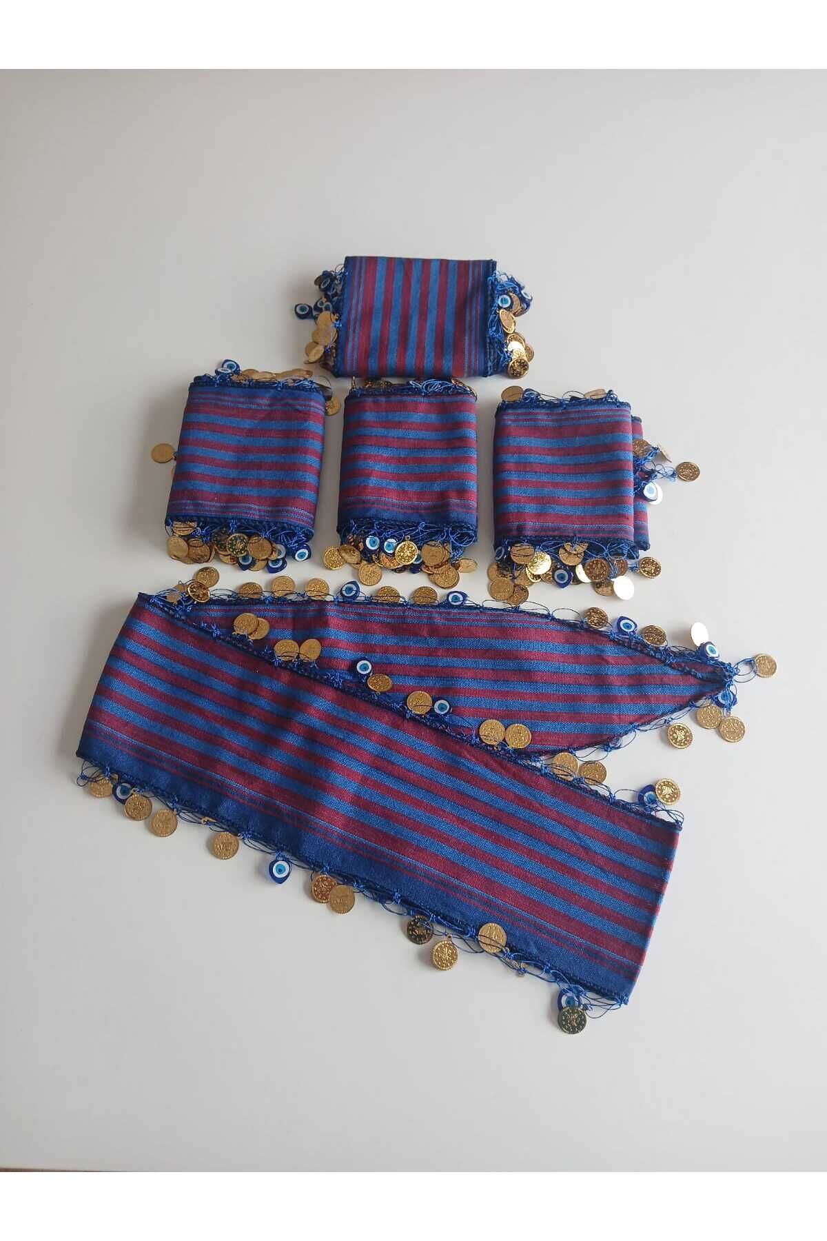 5'li Bordo Mavi Hediyelik Yöresel Keşan Dokuma Liralı Saç Bandana Seti