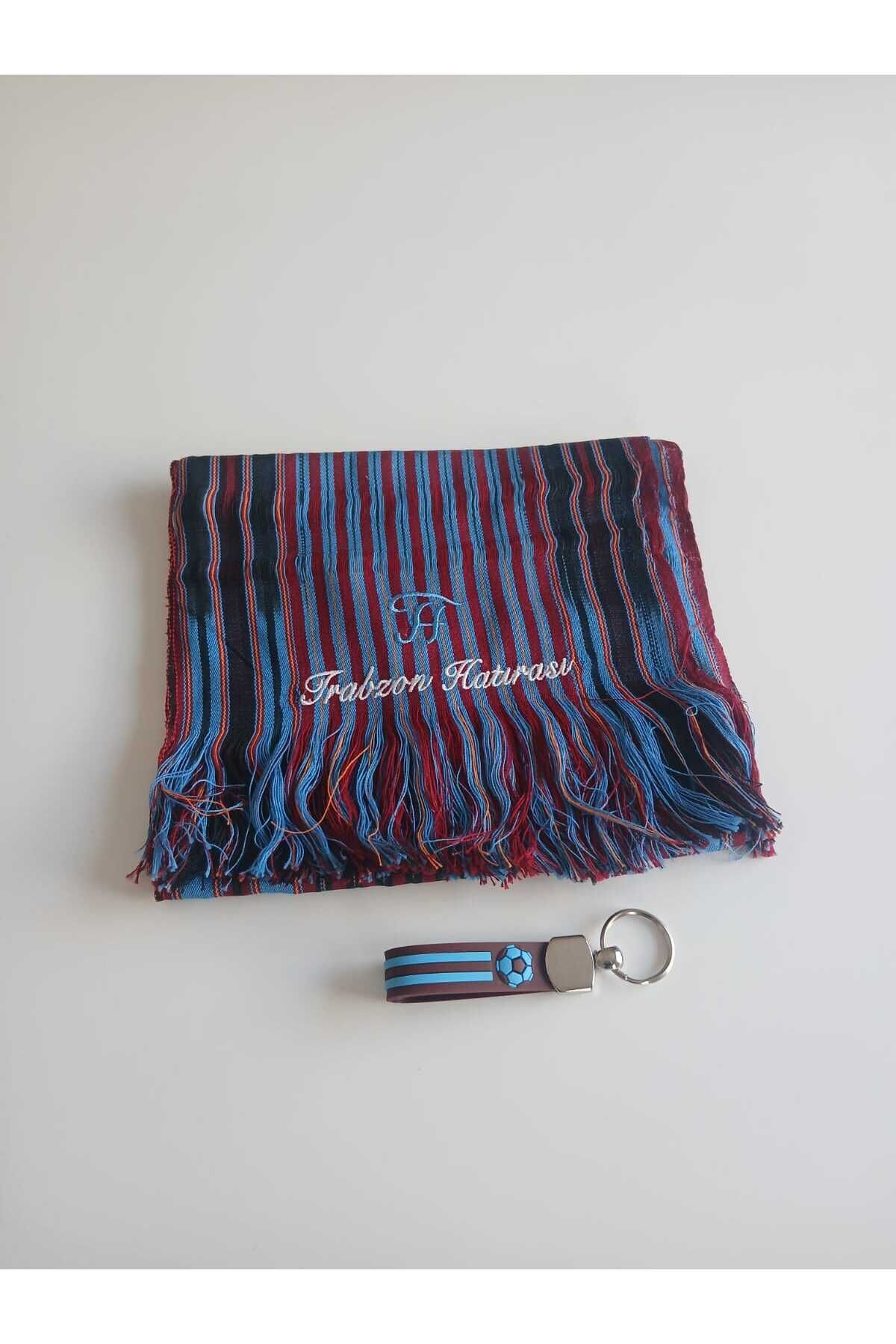 Trabzon Hatırası Nakış İşlemeli Bordomavi Desenli Keşan Fular -Anahtarlık Hediyeli