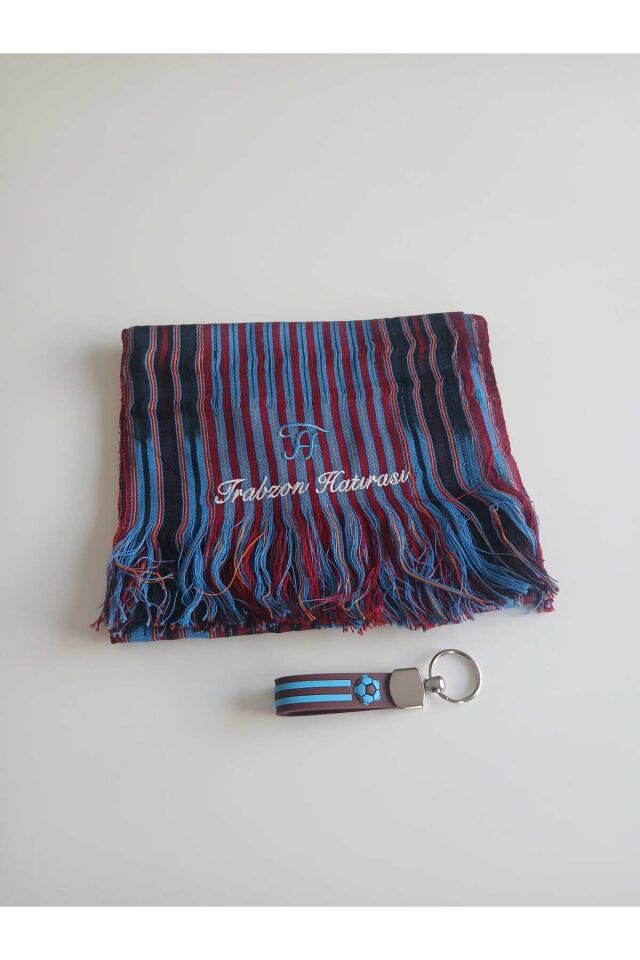 Trabzon Hatırası Nakış İşlemeli Bordomavi Desenli Keşan Fular -Anahtarlık Hediyeli