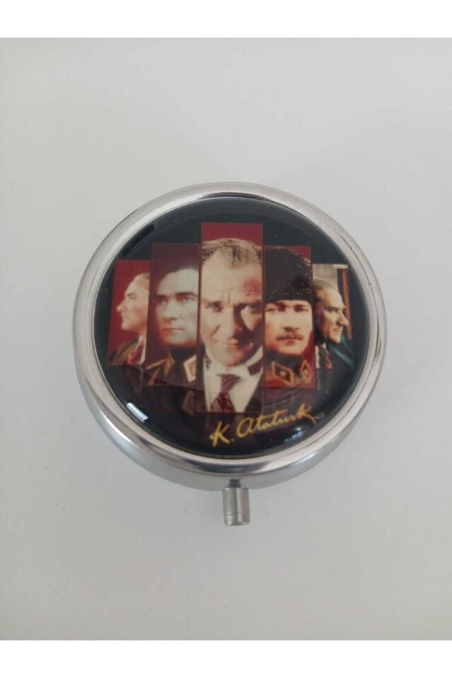 Atatürk Karma Fotoğraflı Metal Yuvarlak İlaç (Hap) Saklama Kutusu