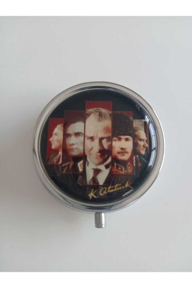 Atatürk Karma Fotoğraflı Metal Yuvarlak İlaç (Hap) Saklama Kutusu