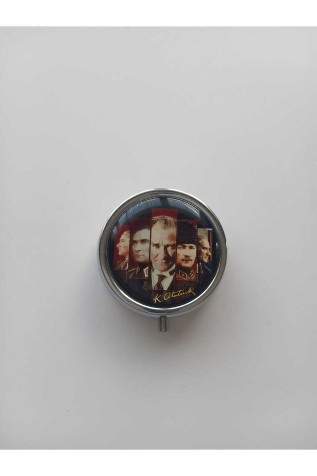 Atatürk Karma Fotoğraflı Metal Yuvarlak İlaç (Hap) Saklama Kutusu
