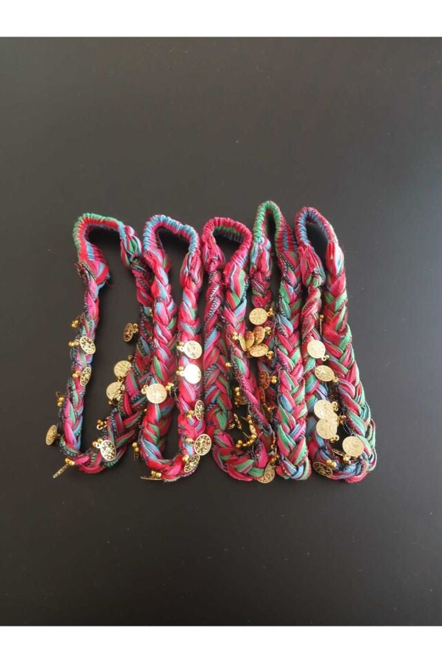 5'li Bordo Mavi Hediyelik Yöresel Keşan Dokuma Örgülü Lastikli Liralı Saç Bandana Seti