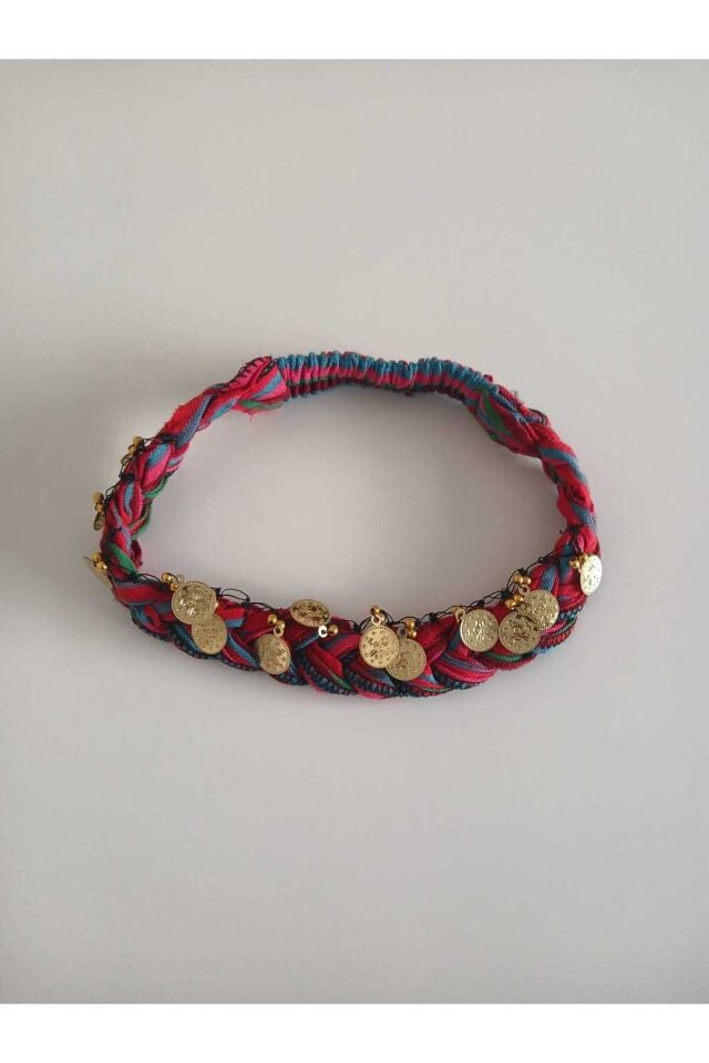 5'li Bordo Mavi Hediyelik Yöresel Keşan Dokuma Örgülü Lastikli Liralı Saç Bandana Seti