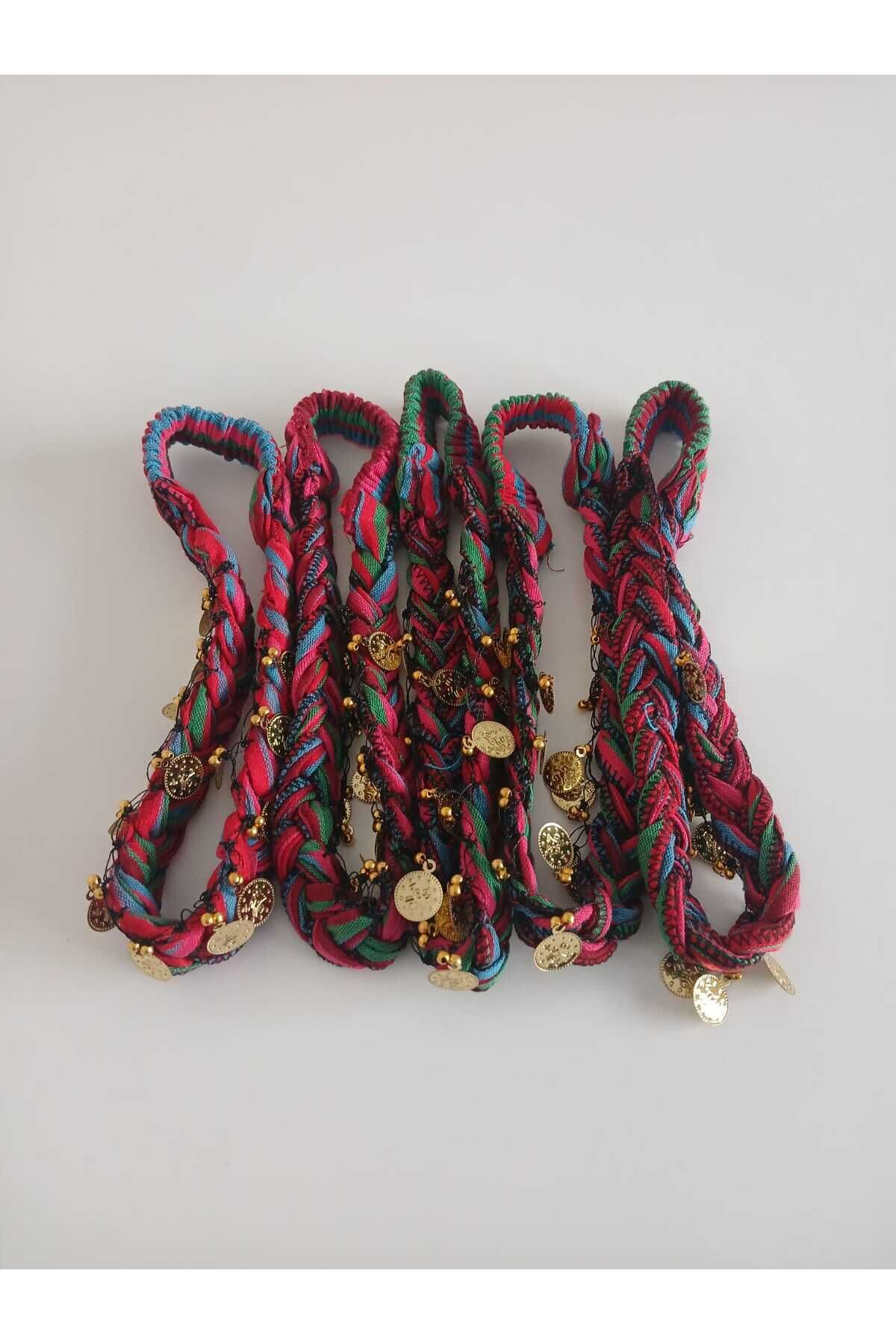 5'li Bordo Mavi Hediyelik Yöresel Keşan Dokuma Örgülü Lastikli Liralı Saç Bandana Seti