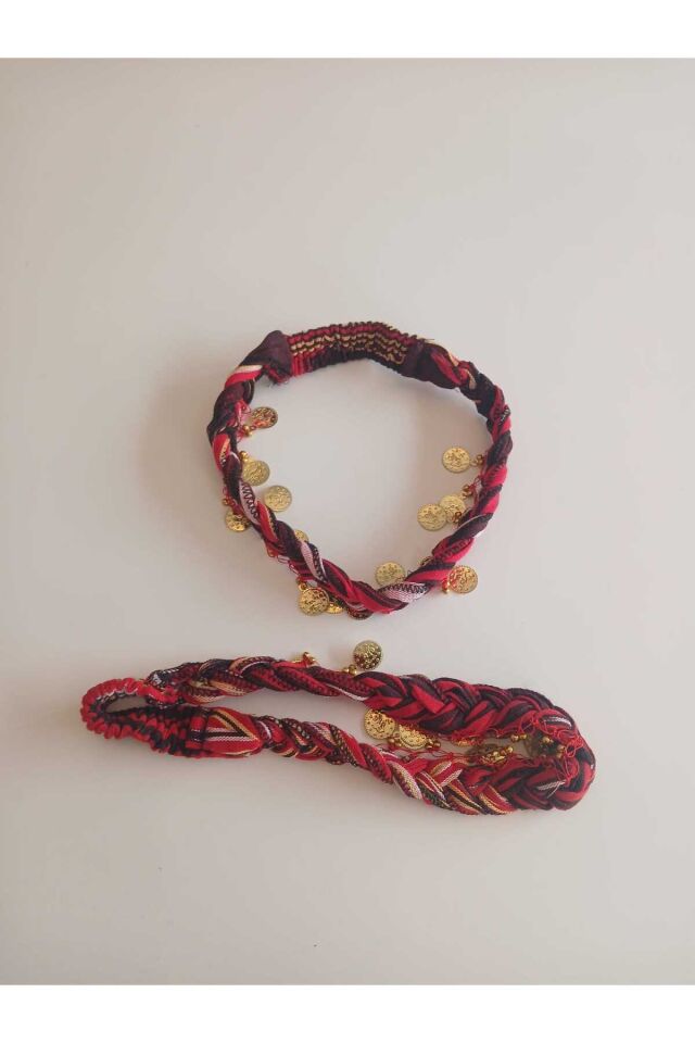 2 li Kırmızı ve Siyah Renkli Örgülü Karadeniz Liralı Yöresel ,Lastikli Saç Bandana Seti.