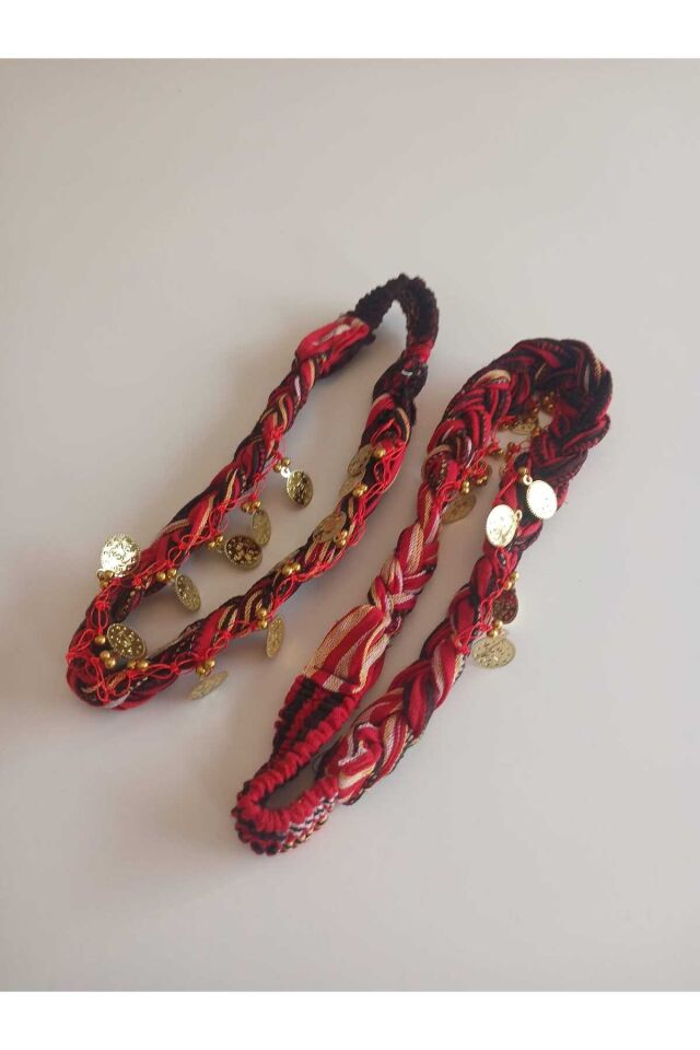 2 li Kırmızı ve Siyah Renkli Örgülü Karadeniz Liralı Yöresel ,Lastikli Saç Bandana Seti.