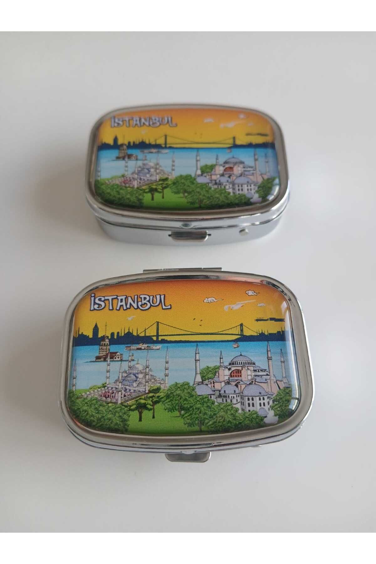2 Adet İstanbul Manzaralı Metal Yuvarlak İlaç (Hap)Kutusu