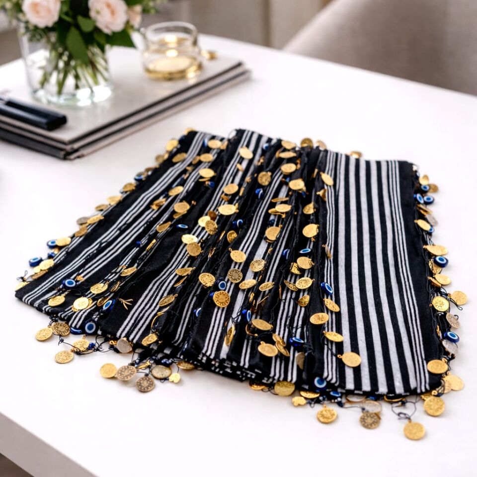 9 Adet Siyah Beyaz Hediyelik El Üretimi Liralı Nazar Boncuklu Bandan Seti