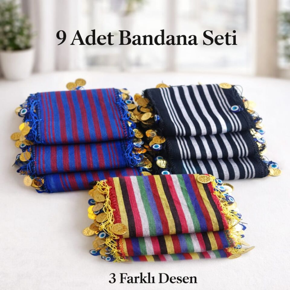 9 Adet Trabzon Yöresel Dokuma Elüretimi Liralı Nazar Boncuklu Bandana Set