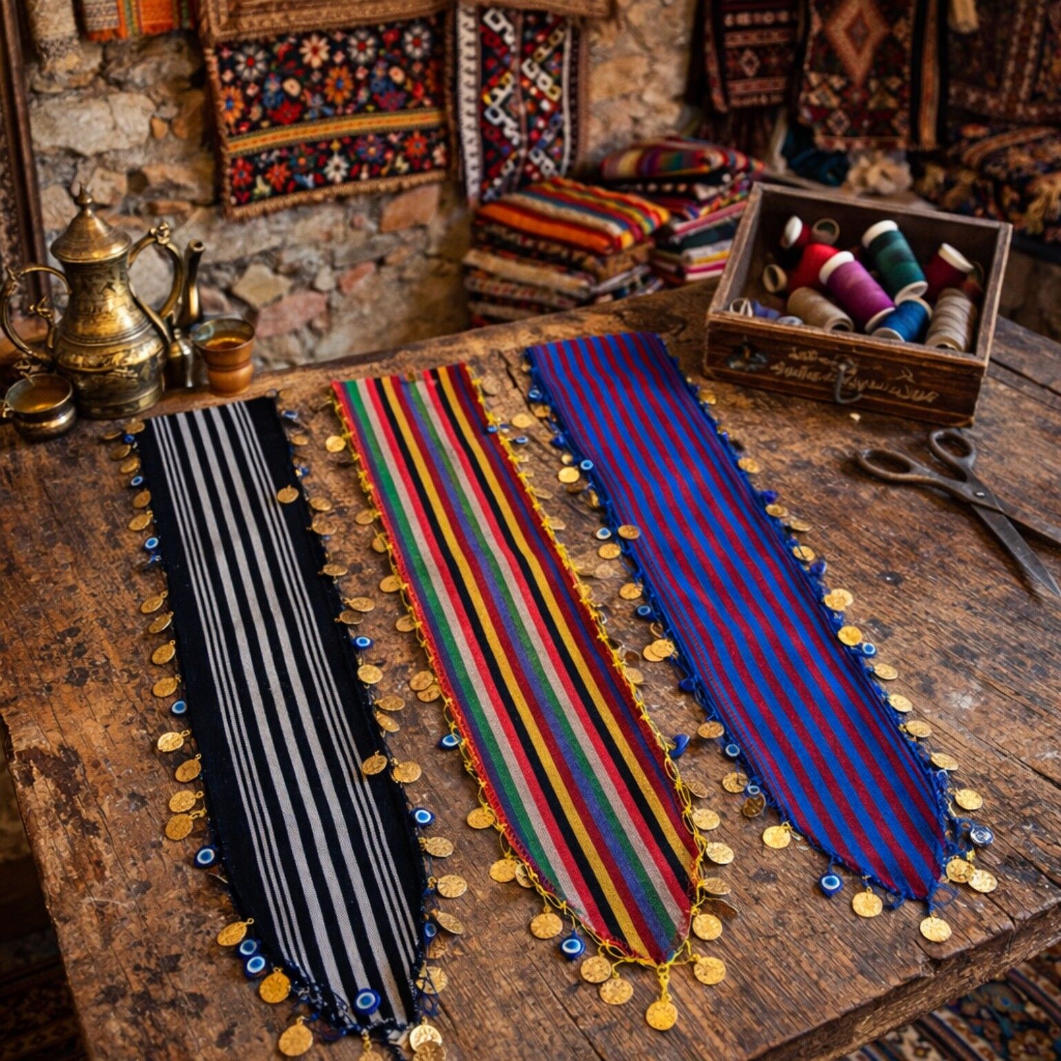 9 Adet Trabzon Yöresel Dokuma Elüretimi Liralı Nazar Boncuklu Bandana Set