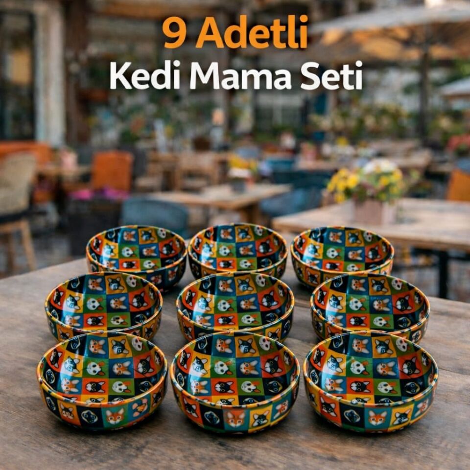 9 Adet Metal Dekoratif Kedi Mama ve Su Kabı Seti