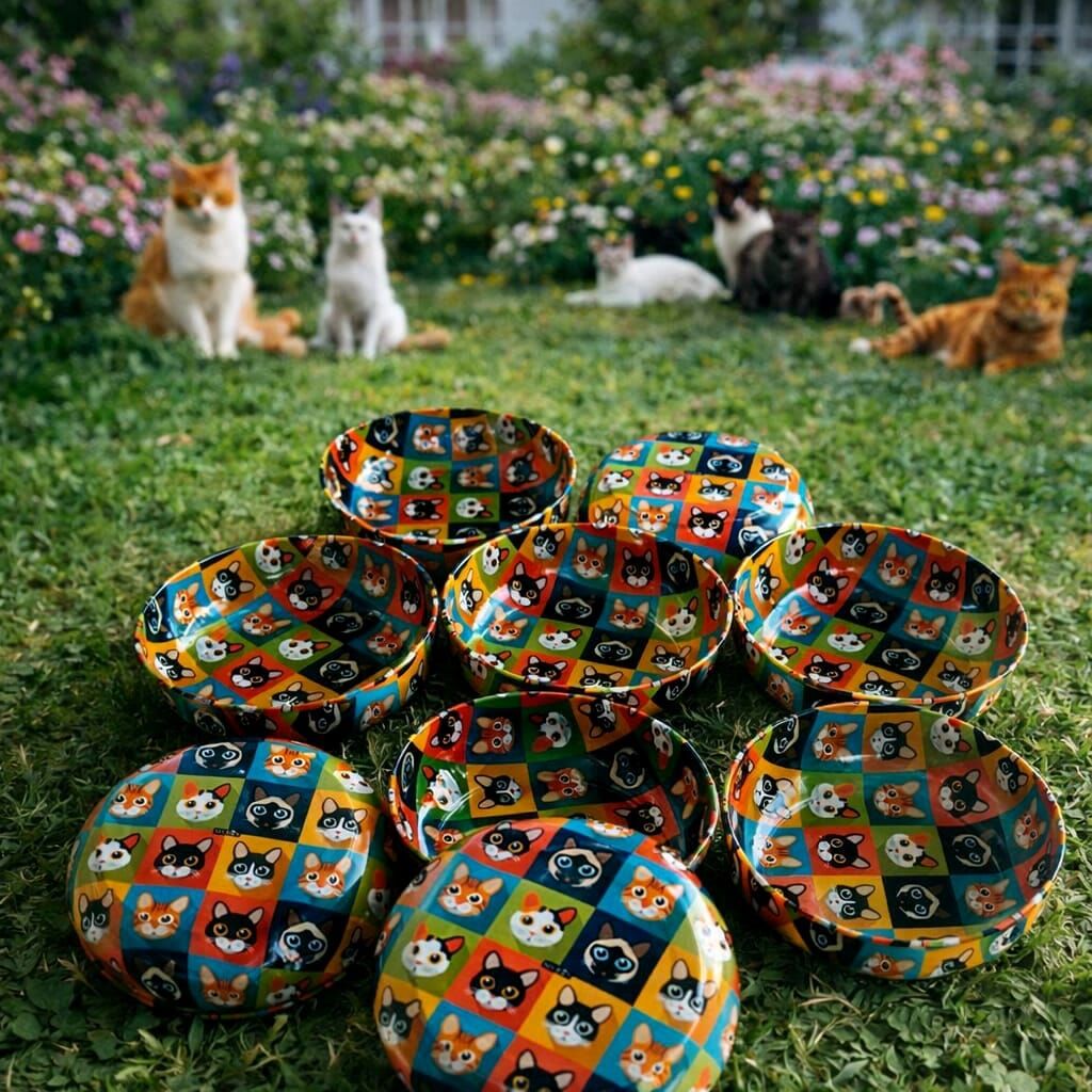 9 Adet Metal Dekoratif Kedi Mama ve Su Kabı Seti