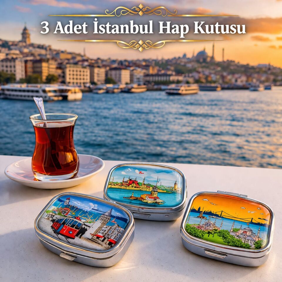 3 Adet İstanbul Manzaralı Dikdörtgen Epoksi Metal İlaç Saklam Kutusu