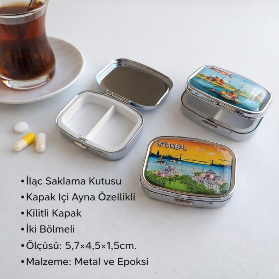 3 Adet İstanbul Manzaralı Dikdörtgen Epoksi Metal İlaç Saklam Kutusu