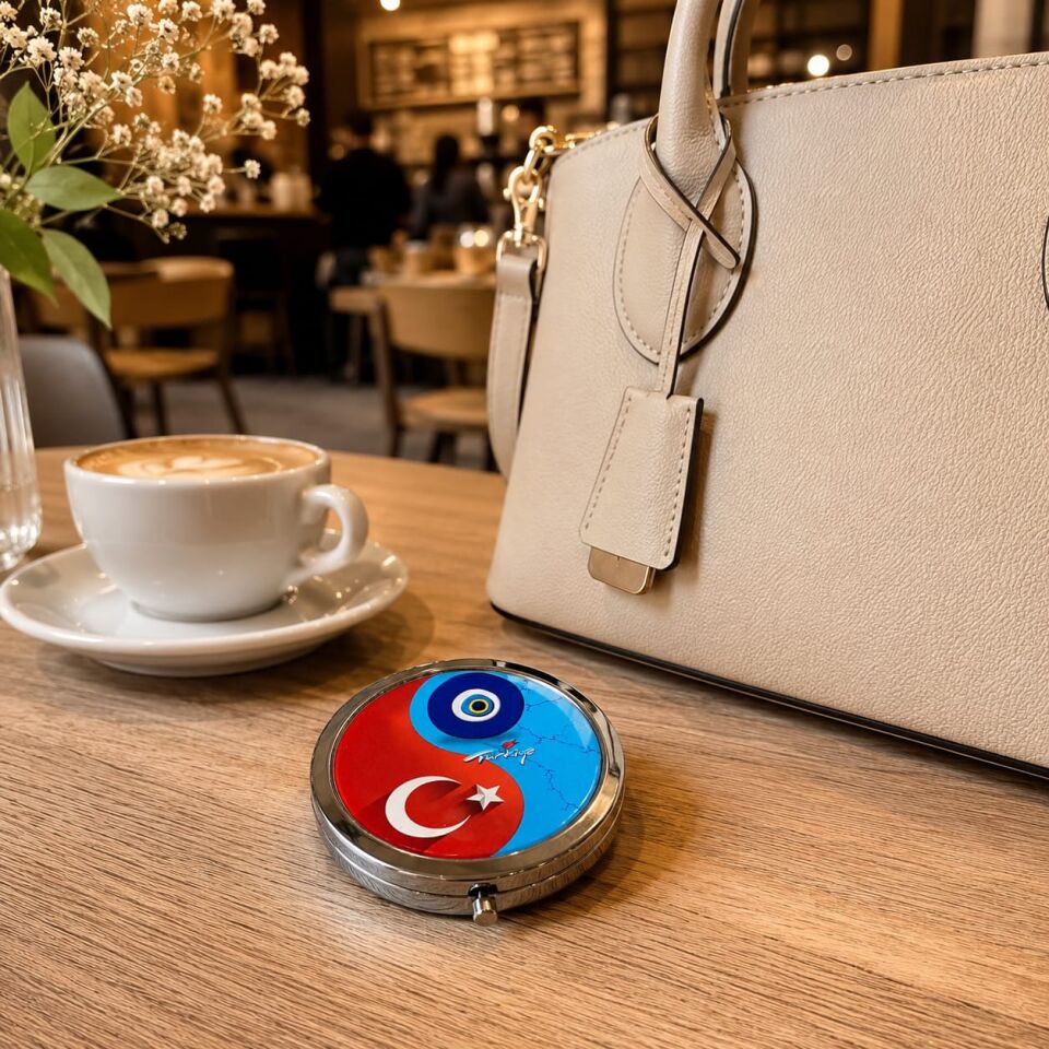 Türk Bayrak Ve Nazar Boncuklu Metal Cep Aynası
