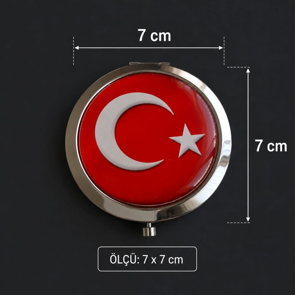 Bayrak Temalı Metal Yuvarlak Cep Aynası