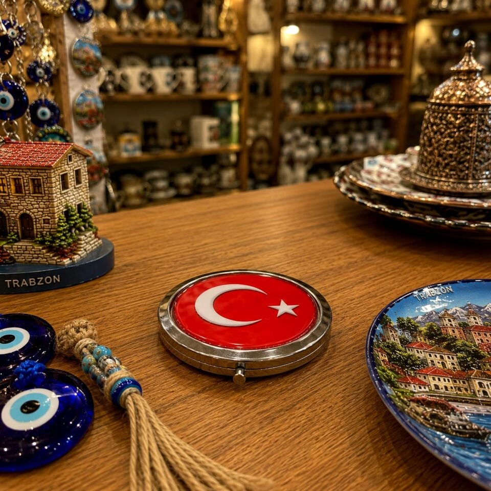 Bayrak Temalı Metal Yuvarlak Cep Aynası