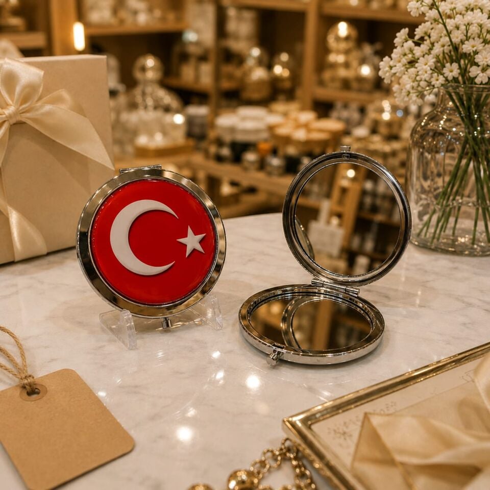 Bayrak Temalı Metal Yuvarlak Cep Aynası