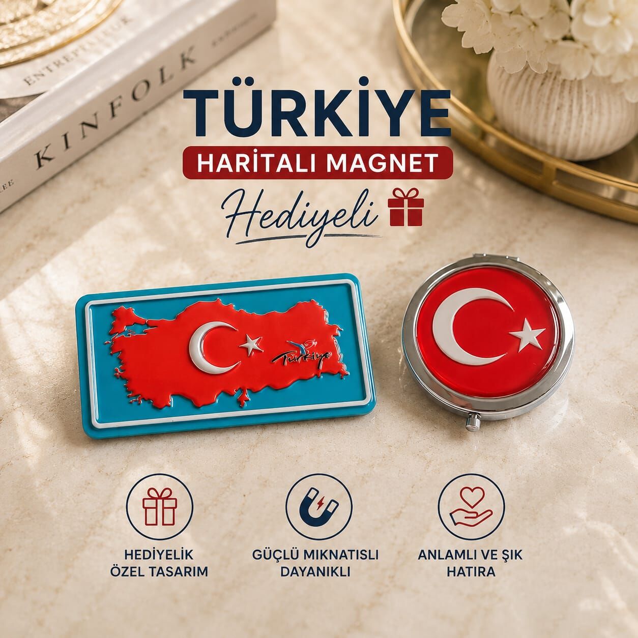 Bayrak Temalı Metal Yuvarlak Cep Aynası Türkiye Haritalı Magnet  Hediyeli