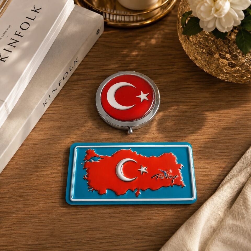Bayrak Temalı Metal Yuvarlak Cep Aynası Türkiye Haritalı Magnet  Hediyeli