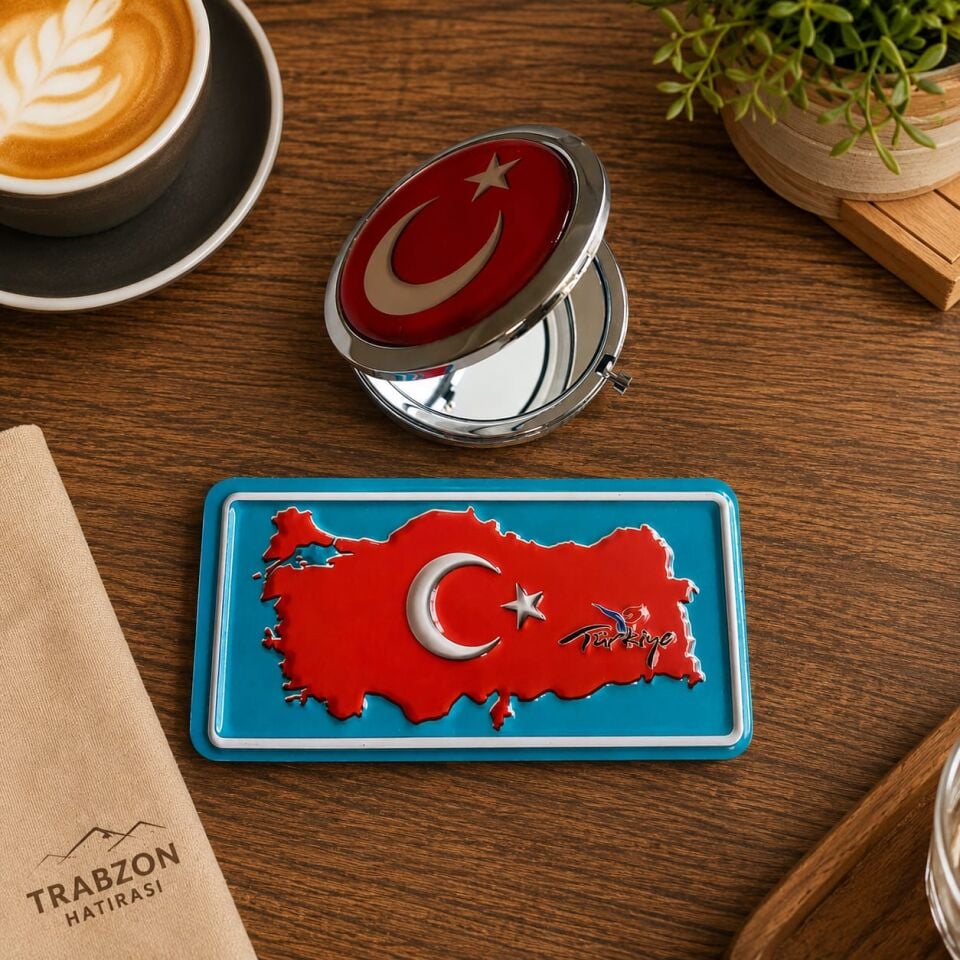 Bayrak Temalı Metal Yuvarlak Cep Aynası Türkiye Haritalı Magnet  Hediyeli