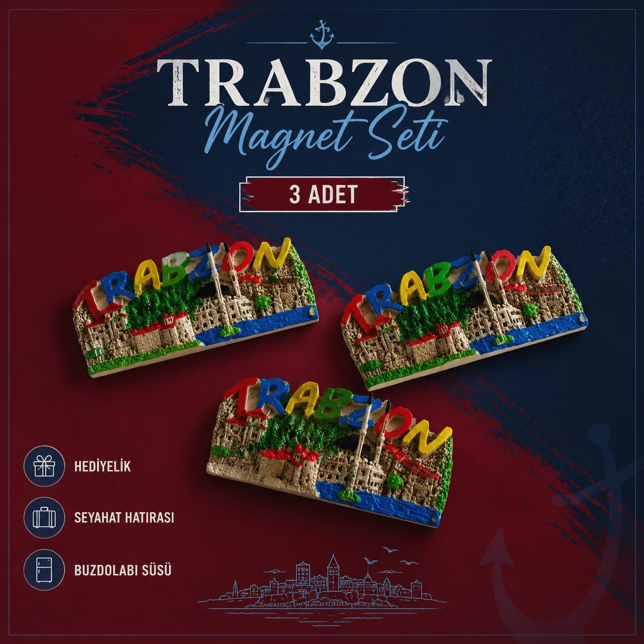 Trabzon Temalı  El Emeği Buzdolabı Magnet Seti (3 Adet)