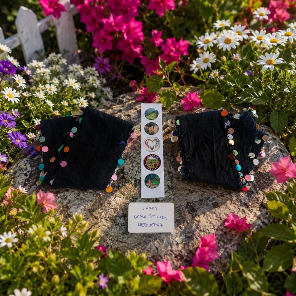 Siyah Bandana | Renkli Pul Detaylı – 5 Sticker Hediyeli