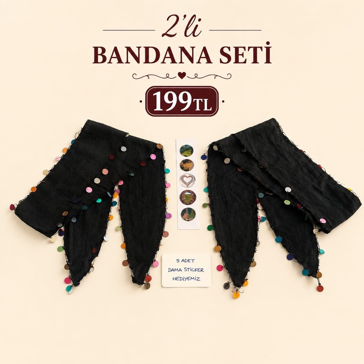 Siyah Bandana | Renkli Pul Detaylı – 5 Sticker Hediyeli
