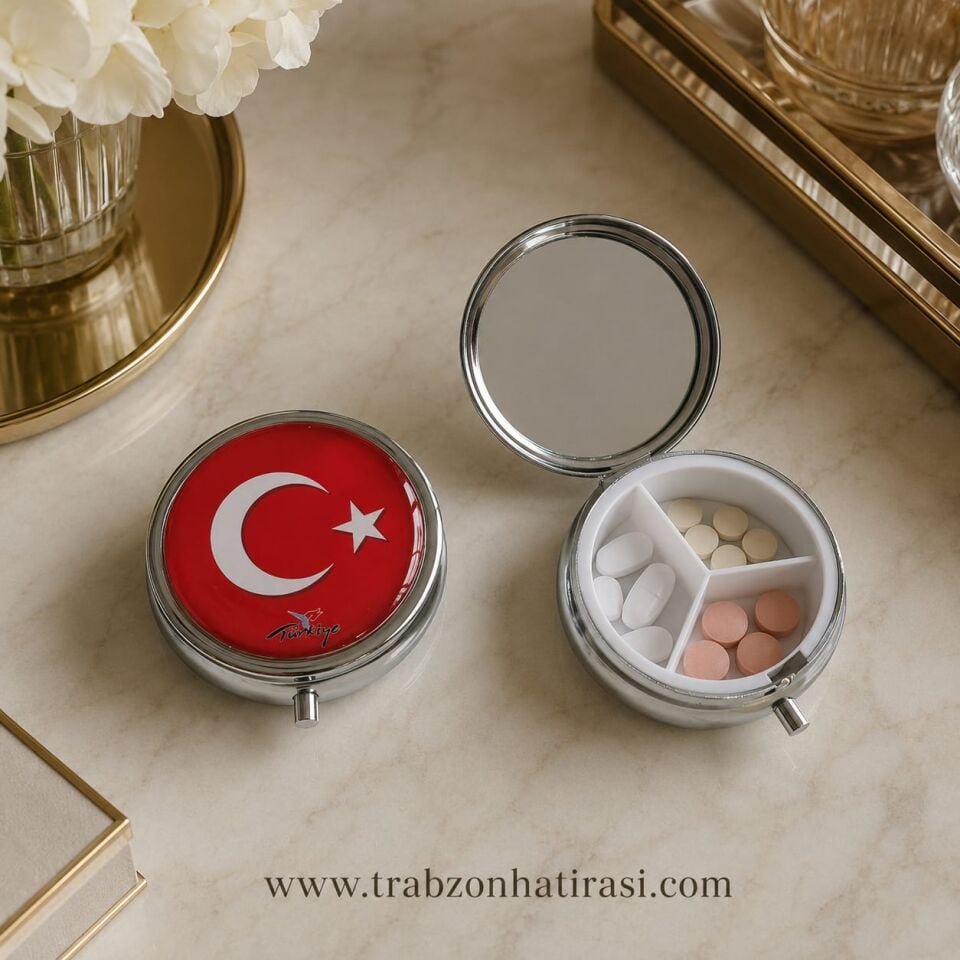 Türk Bayrağı Desenli İlaç Saklama Kutusu.Bayrak Rozet Hediyeli
