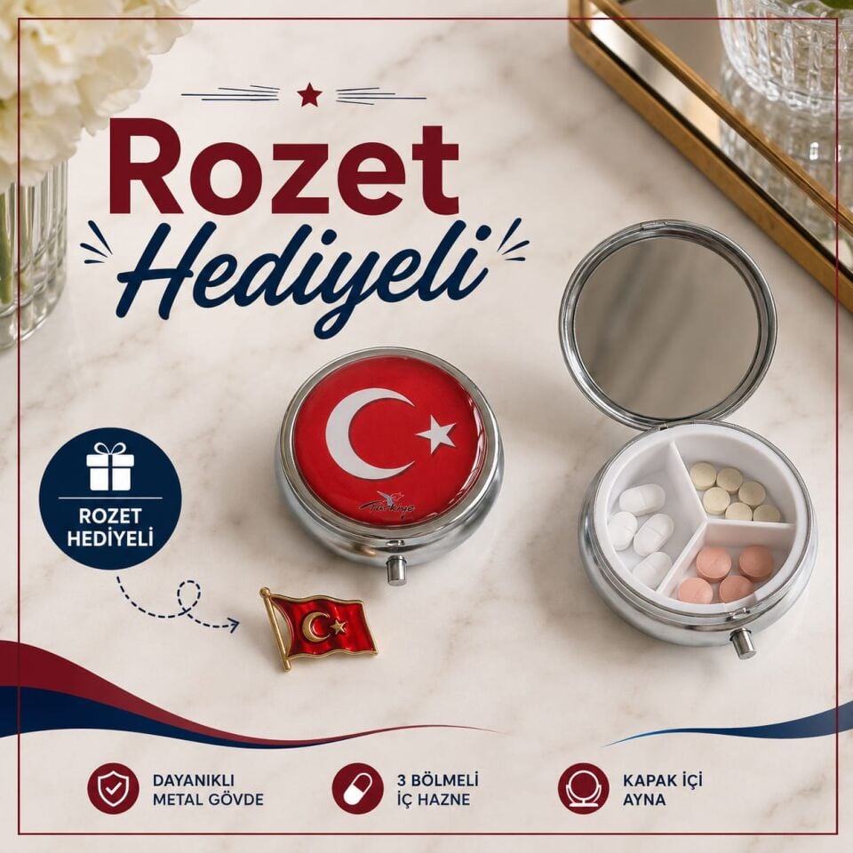 Türk Bayrağı Desenli İlaç Saklama Kutusu.Bayrak Rozet Hediyeli