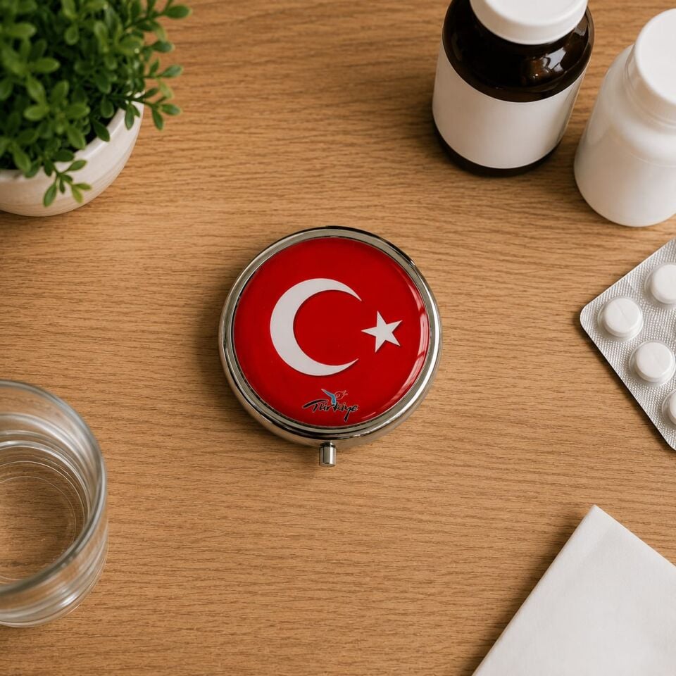 Türk Bayrağı Desenli İlaç Saklama Kutusu.Bayrak Rozet Hediyeli