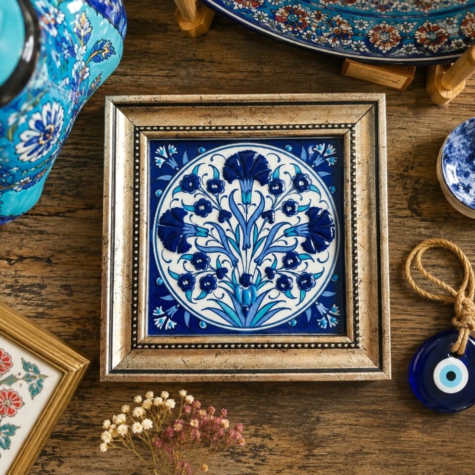 13x13 cm El Emeği Ahşap Çerçeveli Karanfil Desenli Kobalt Mavi Beyaz Çini Tablo