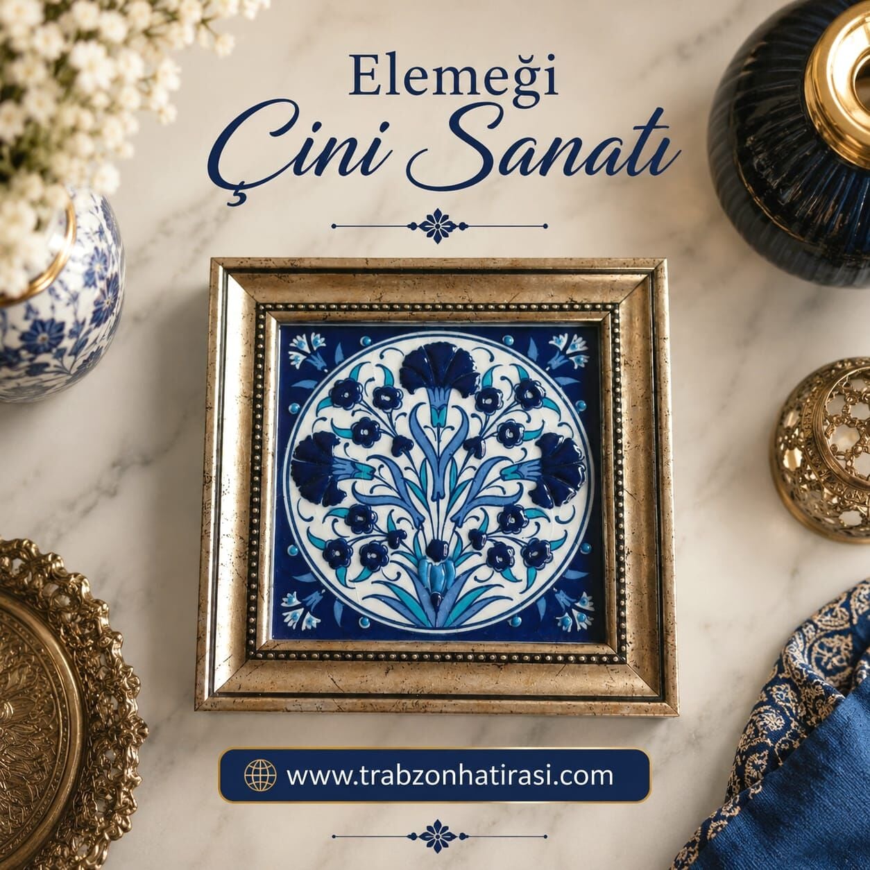 13x13 cm El Emeği Ahşap Çerçeveli Karanfil Desenli Kobalt Mavi Beyaz Çini Tablo