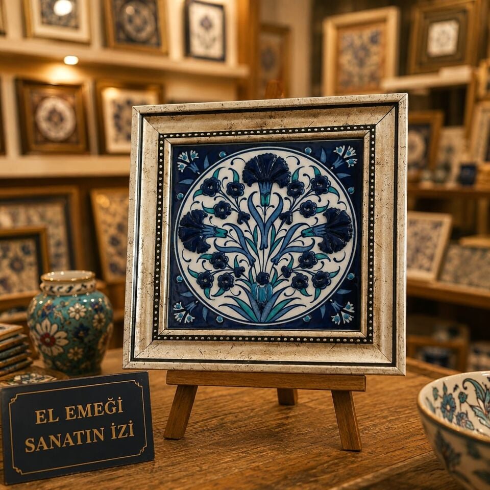 13x13 cm El Emeği Ahşap Çerçeveli Karanfil Desenli Kobalt Mavi Beyaz Çini Tablo