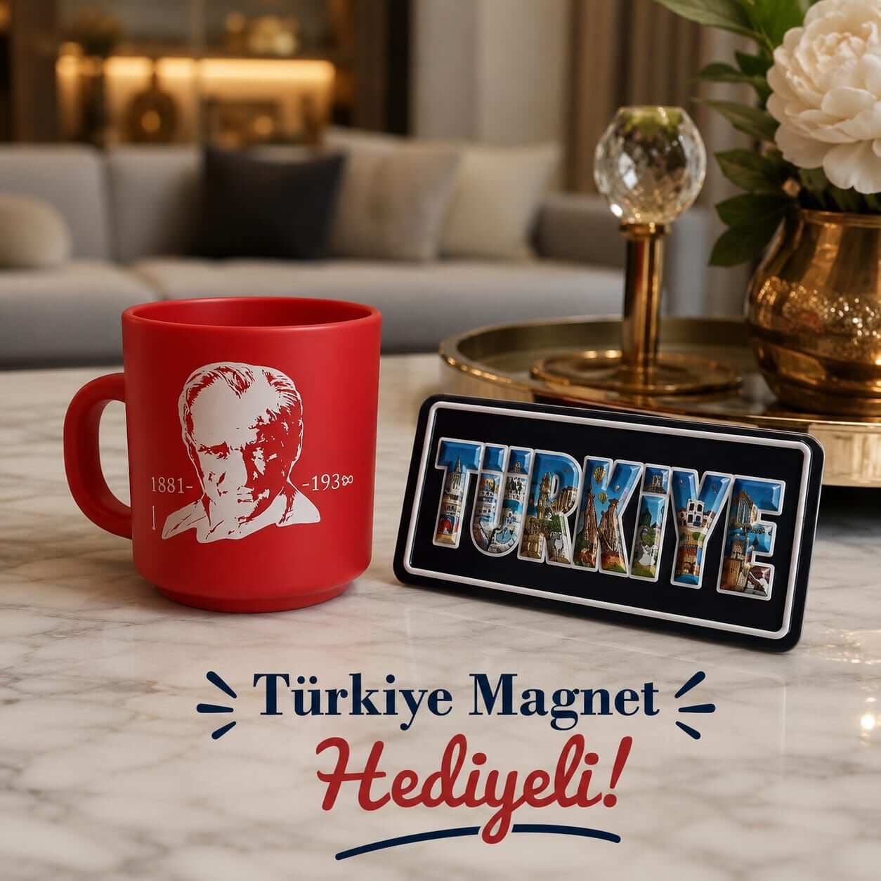 Atatürk Temalı Kırmızı Renk Seramik Kupa.Türkiye Temalı Magnet Hediyeli