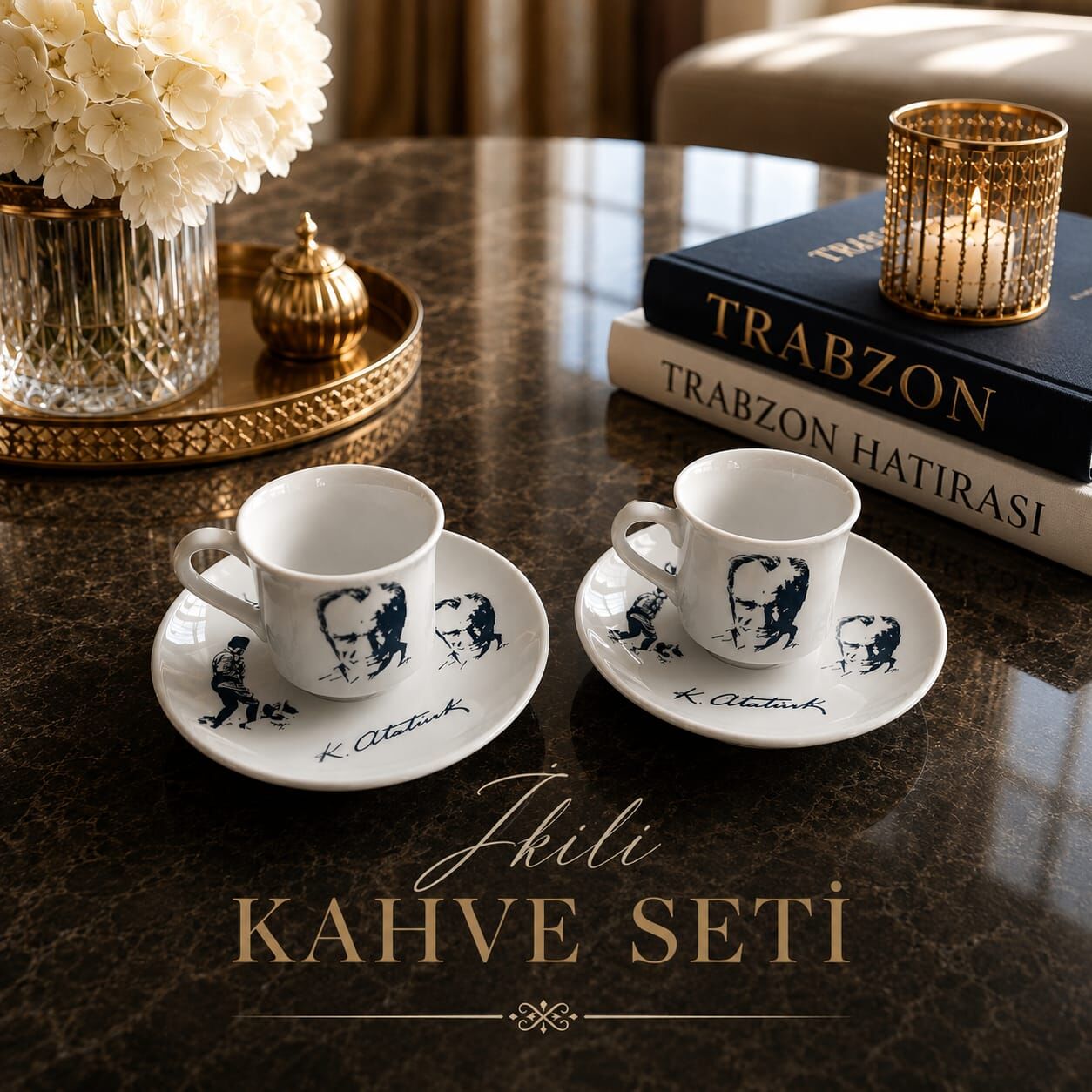 Atatürk Temalı 2 li Porselen Fincan Seti.