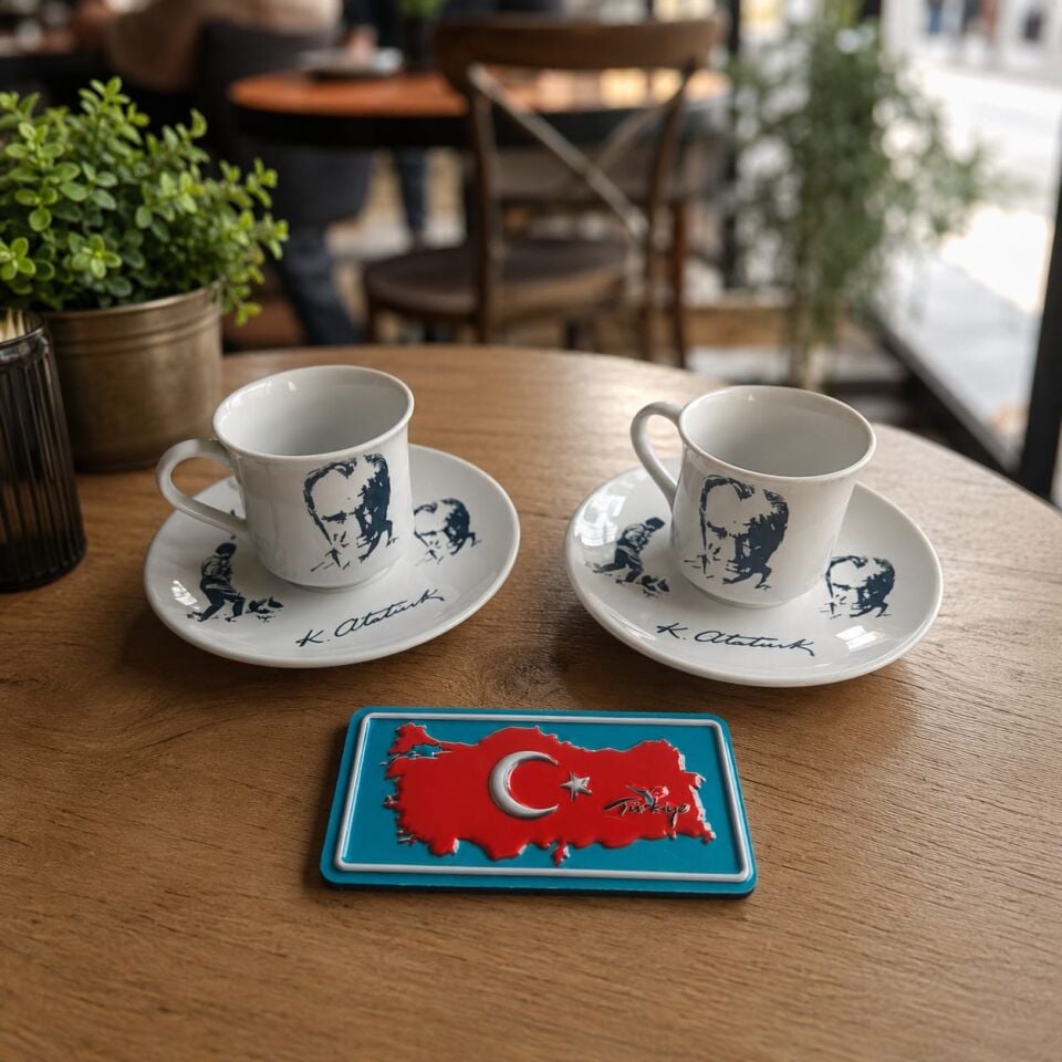 Atatürk Temalı 2 li Porselen Fincan Seti.
