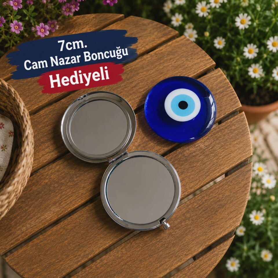 Çoklu Nazar Boncuğu Temalı Metal Yuvarlak Cep Aynası – Trabzon Hatırası Hediyelik