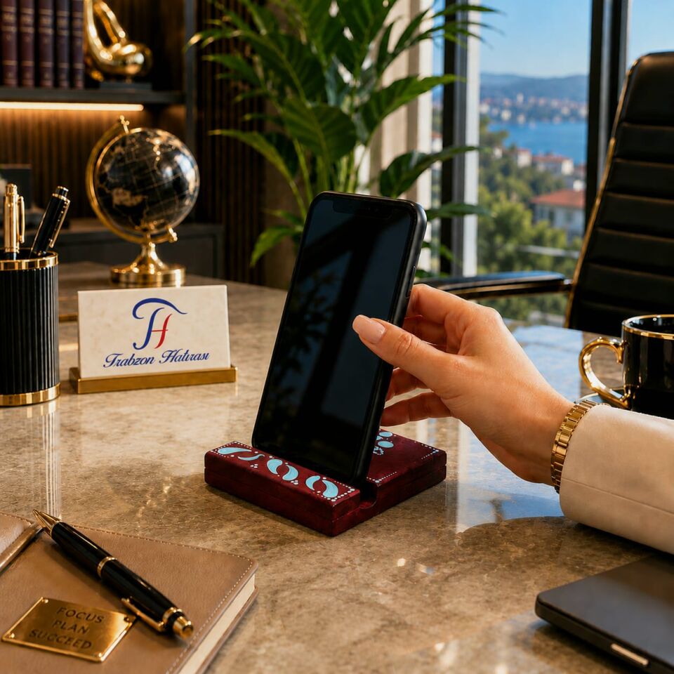 Ahşap El Emeği 61 Telefon Standı – Masaüstü Dekoratif Telefon Tutucu, Trabzon Hatırası Hediyelik