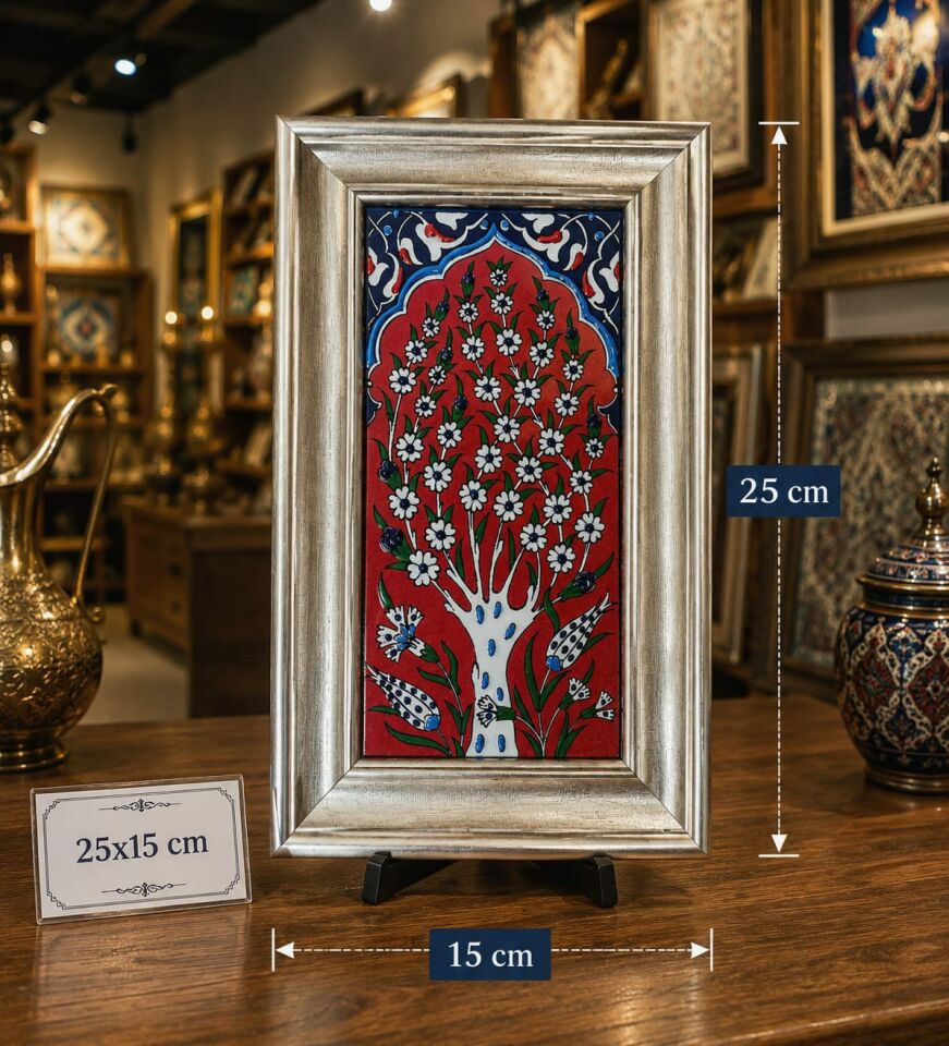 Ahşap Çerçeveli Hayat Ağacı Desenli Çini Tablo