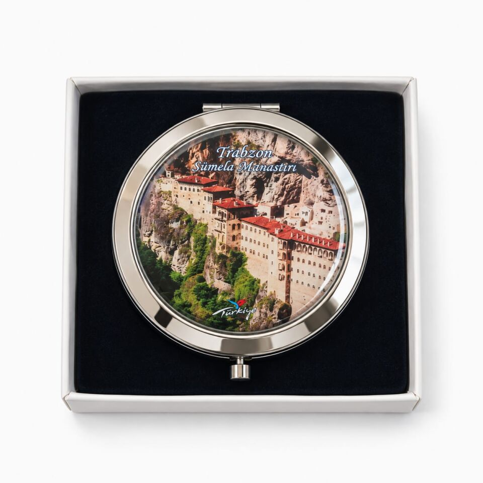 Sümela Manastırı Temalı Metal Yuvarlak Cep Aynası – 7x7 cm